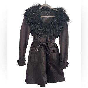 Bebe Silky Satin Belted Trench Coat Women’s W/ Fur Collar Size Small